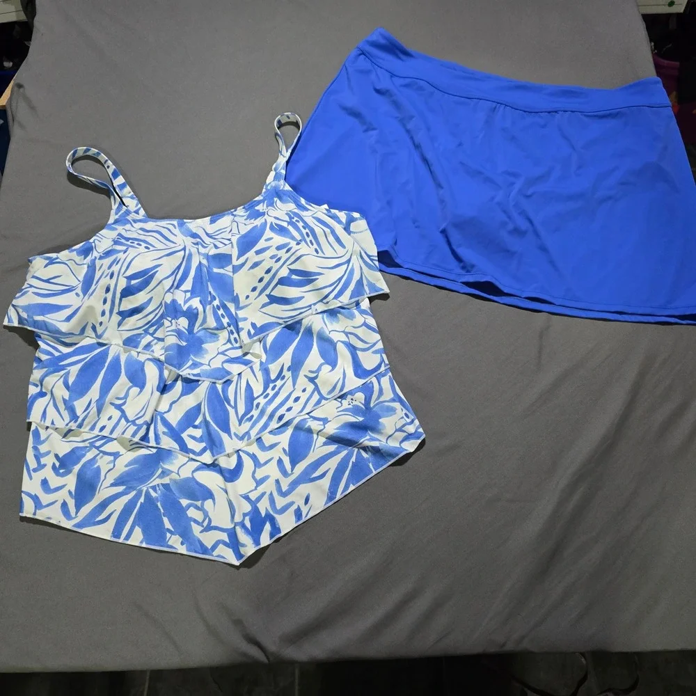 Susan Graver Tankini Swimsuit Set Women 26W Blue White Ruffle Tropical Skirt